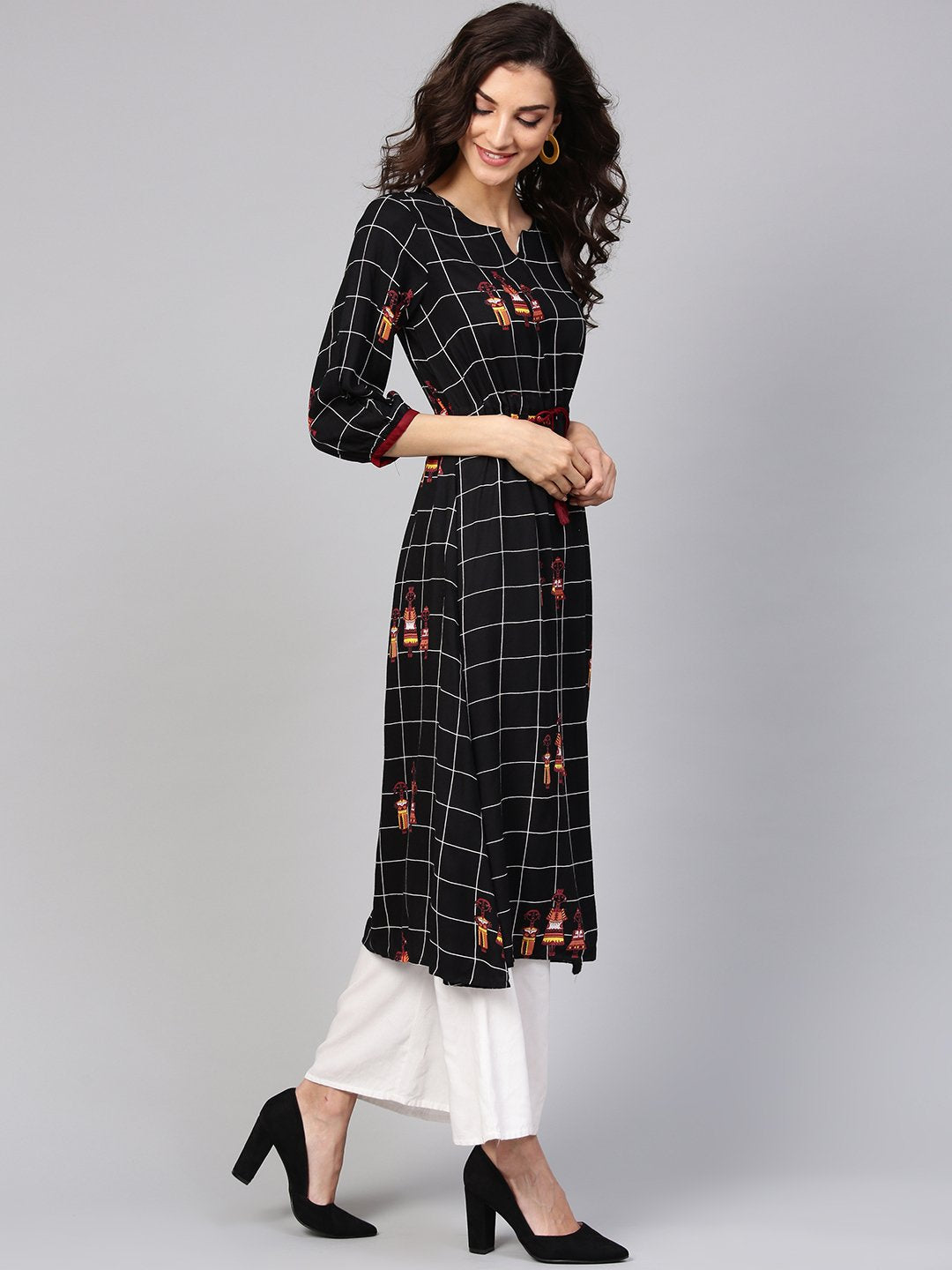 Black Check Printed Kurta With Multi Colored Human Figure Motifs | LASVINI - Redefining Indian Fashion with Elegance
