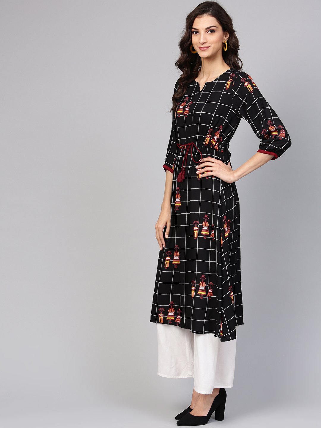 Black Check Printed Kurta With Multi Colored Human Figure Motifs | LASVINI - Redefining Indian Fashion with Elegance