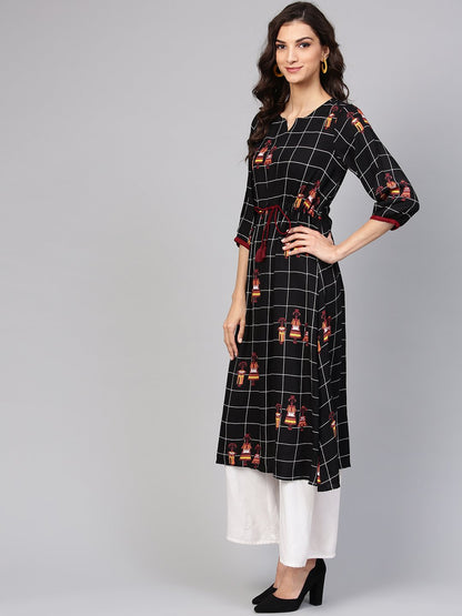 Black Check Printed Kurta With Multi Colored Human Figure Motifs | LASVINI - Redefining Indian Fashion with Elegance