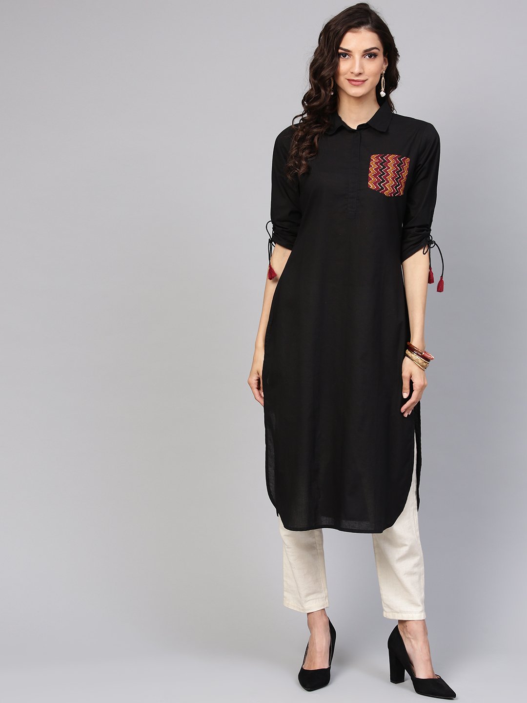 Solid Black Kurta With Shirt Collar, Zig-Zag Printed Patch Pocket And Dori Detailing On The Sleeve | LASVINI - Redefining Indian Fashion with Elegance