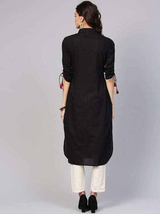 Solid Black Kurta With Shirt Collar, Zig-Zag Printed Patch Pocket And Dori Detailing On The Sleeve | LASVINI - Redefining Indian Fashion with Elegance