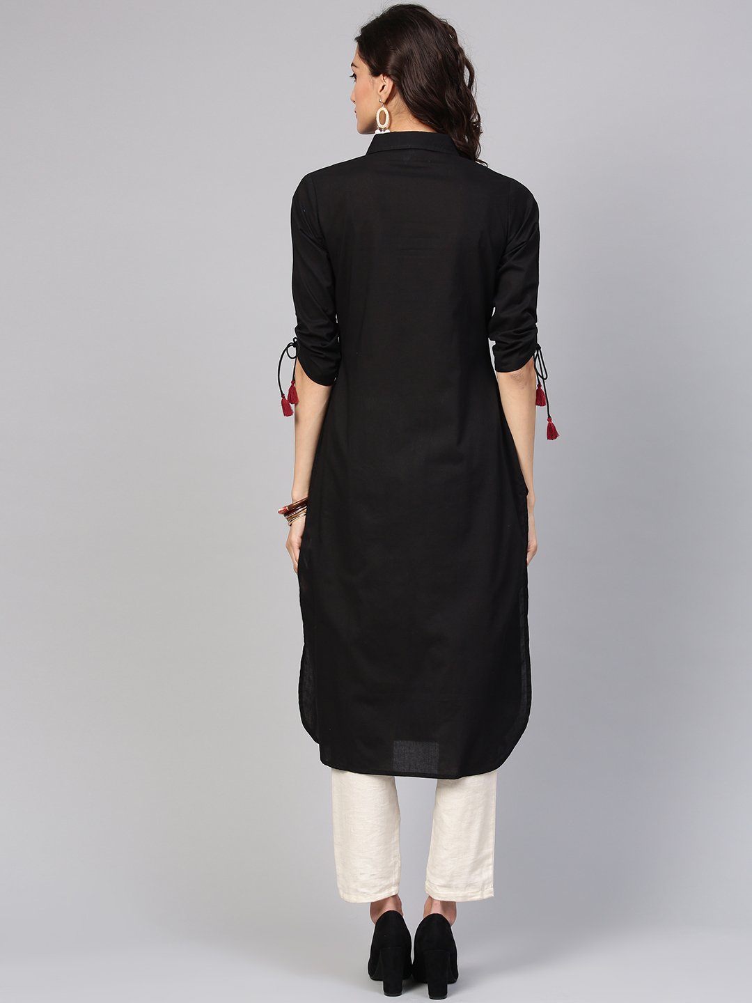 Solid Black Kurta With Shirt Collar, Zig-Zag Printed Patch Pocket And Dori Detailing On The Sleeve | LASVINI - Redefining Indian Fashion with Elegance