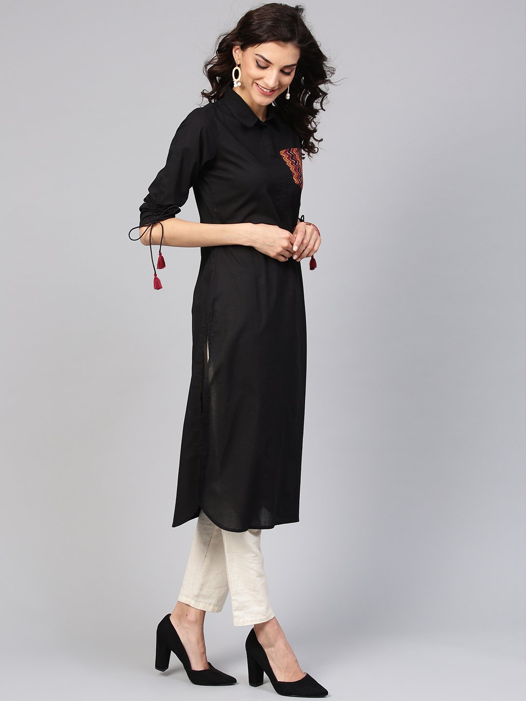 Solid Black Kurta With Shirt Collar, Zig-Zag Printed Patch Pocket And Dori Detailing On The Sleeve | LASVINI - Redefining Indian Fashion with Elegance