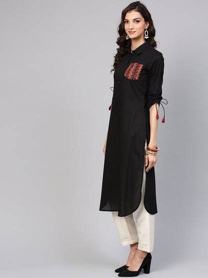 Solid Black Kurta With Shirt Collar, Zig-Zag Printed Patch Pocket And Dori Detailing On The Sleeve | LASVINI - Redefining Indian Fashion with Elegance