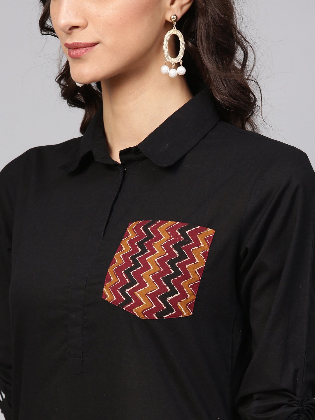 Solid Black Kurta With Shirt Collar, Zig-Zag Printed Patch Pocket And Dori Detailing On The Sleeve | LASVINI - Redefining Indian Fashion with Elegance