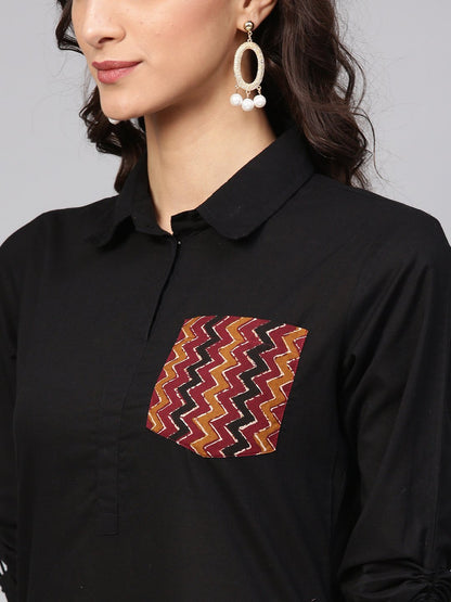 Solid Black Kurta With Shirt Collar, Zig-Zag Printed Patch Pocket And Dori Detailing On The Sleeve | LASVINI - Redefining Indian Fashion with Elegance