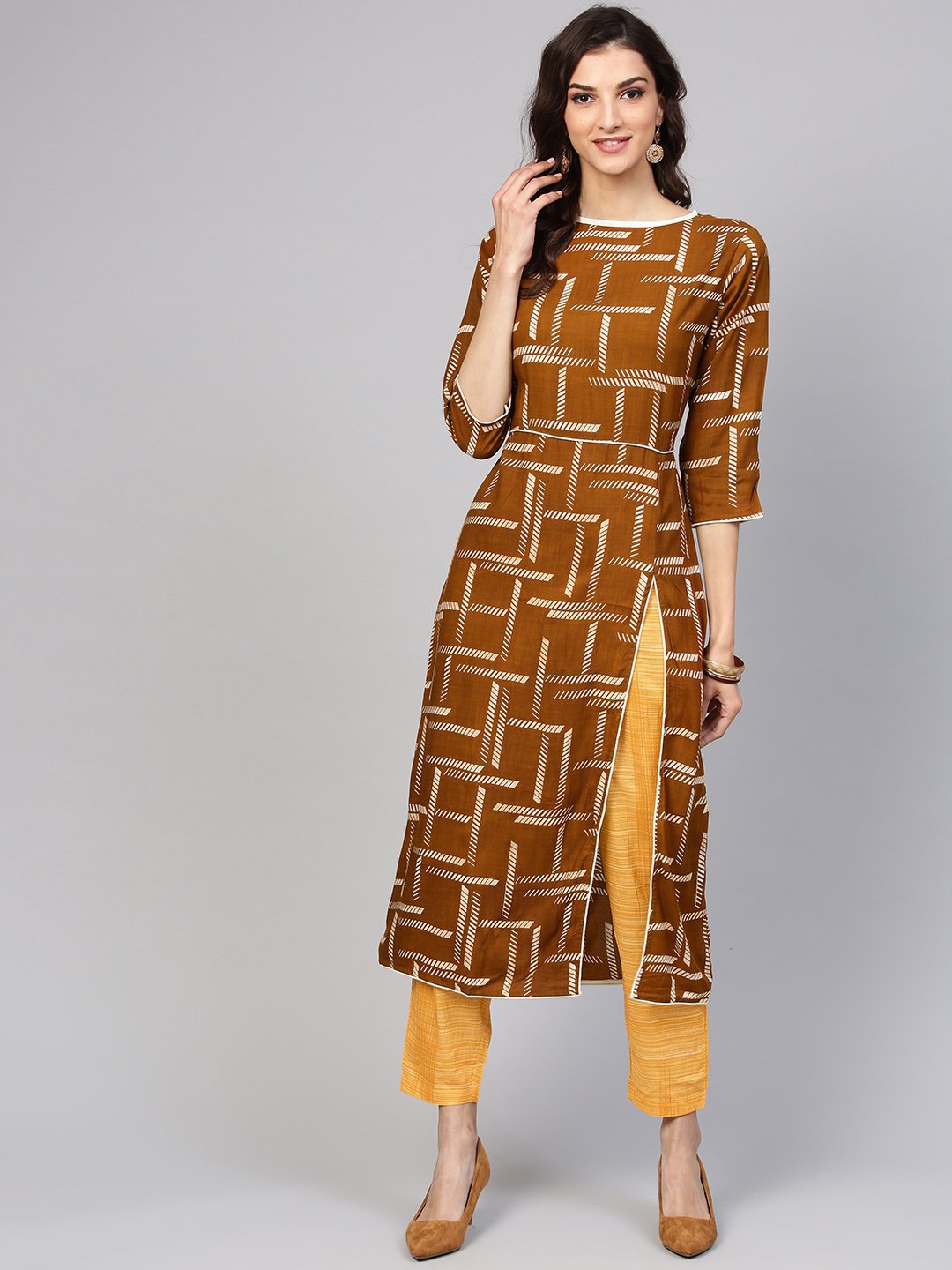 Dark Brown Printed Kurta Set With Contrasting Yellow Pants | LASVINI - Redefining Indian Fashion with Elegance