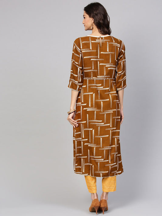 Dark Brown Printed Kurta Set With Contrasting Yellow Pants | LASVINI - Redefining Indian Fashion with Elegance