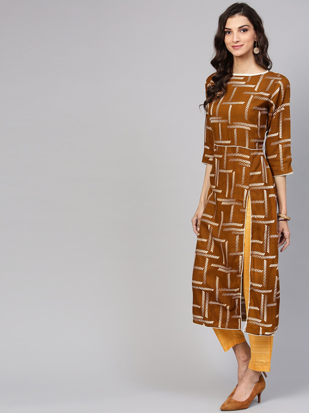 Dark Brown Printed Kurta Set With Contrasting Yellow Pants | LASVINI - Redefining Indian Fashion with Elegance