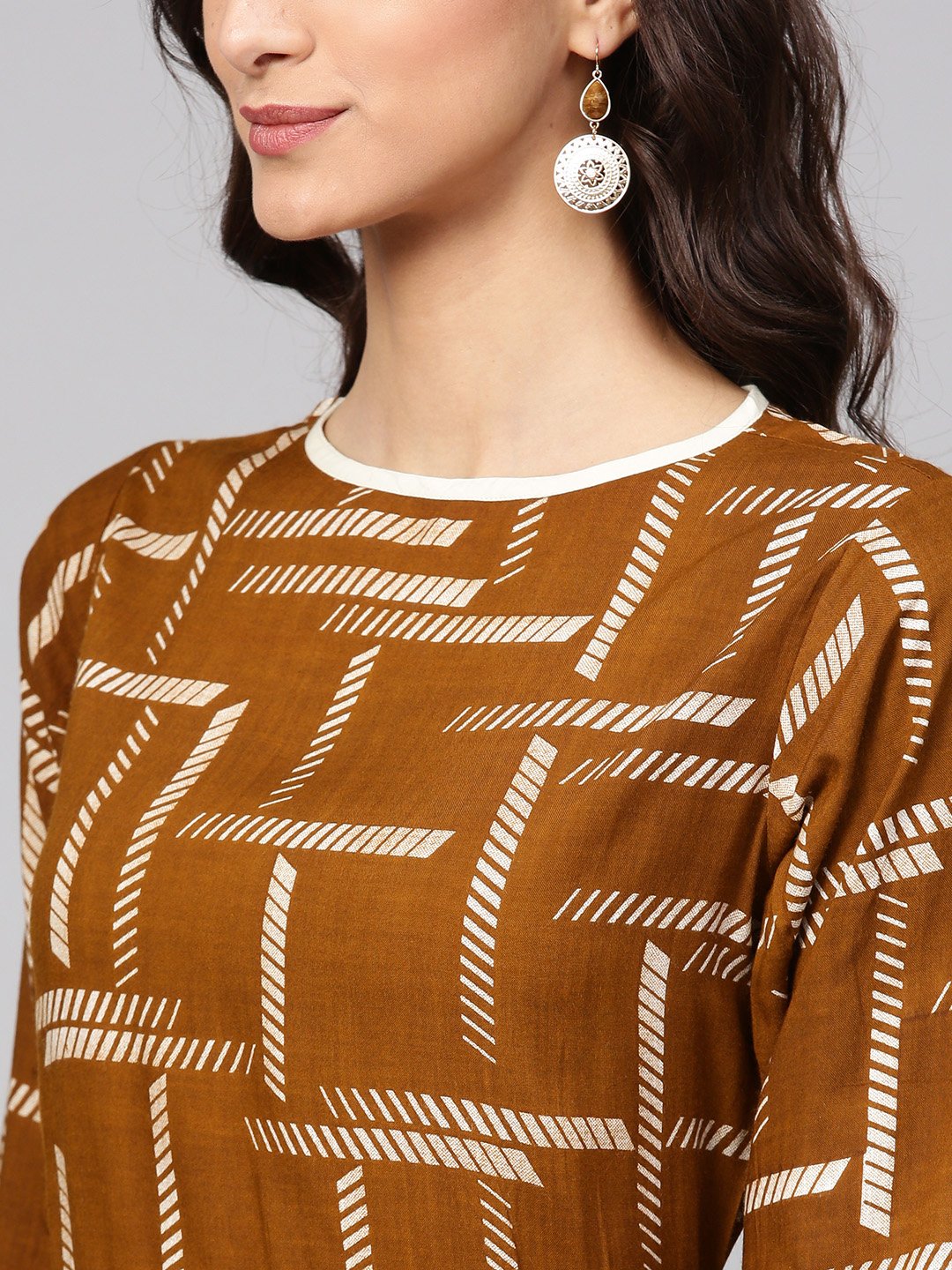 Dark Brown Printed Kurta Set With Contrasting Yellow Pants | LASVINI - Redefining Indian Fashion with Elegance