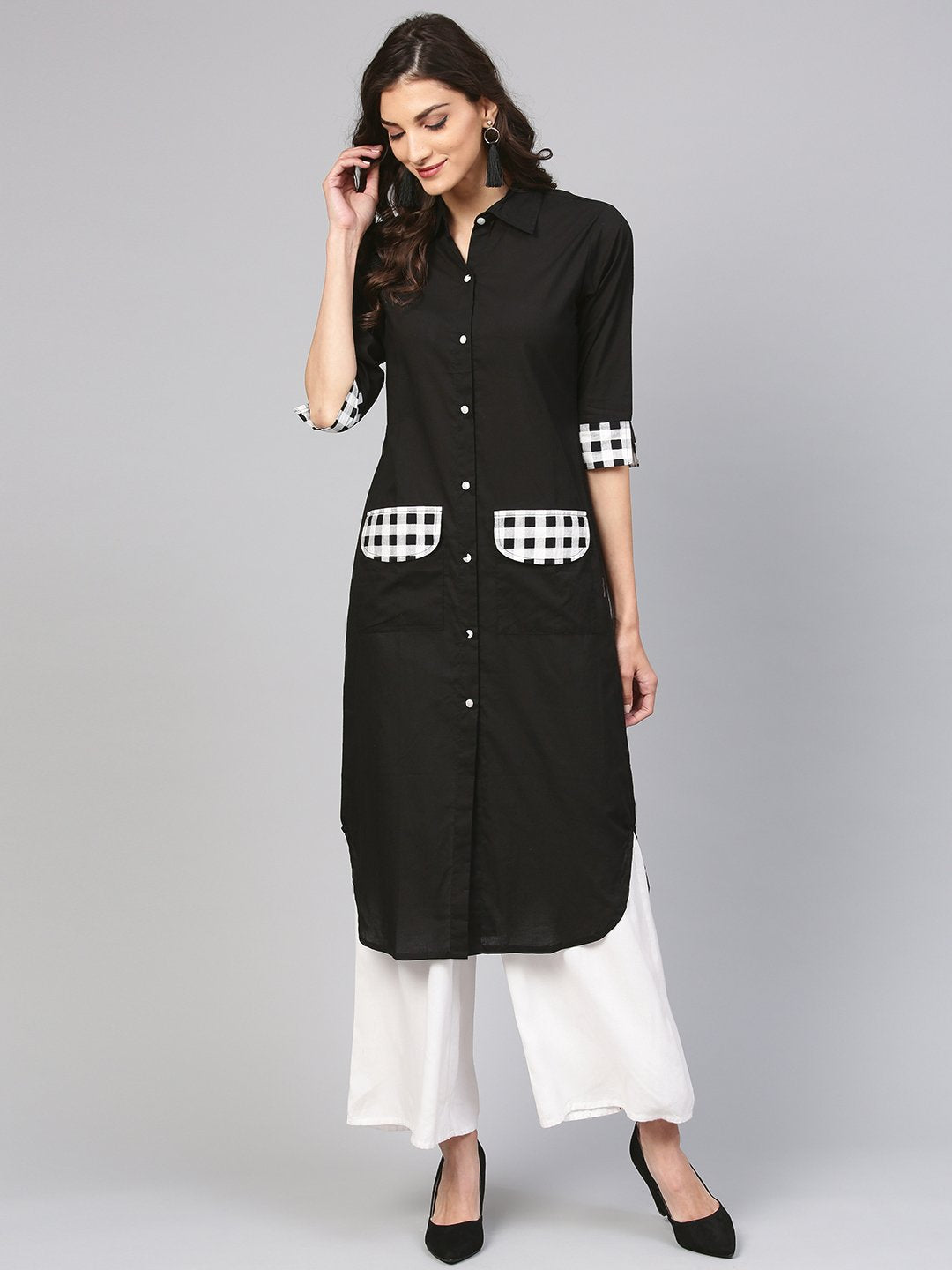 Solid Black Kurta With Printed Detailed Sleeves & Shirt Collars | LASVINI - Redefining Indian Fashion with Elegance