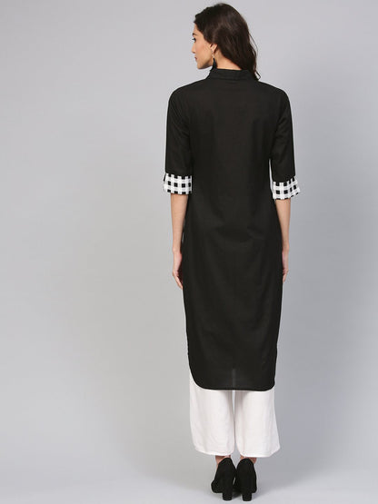 Solid Black Kurta With Printed Detailed Sleeves & Shirt Collars | LASVINI - Redefining Indian Fashion with Elegance
