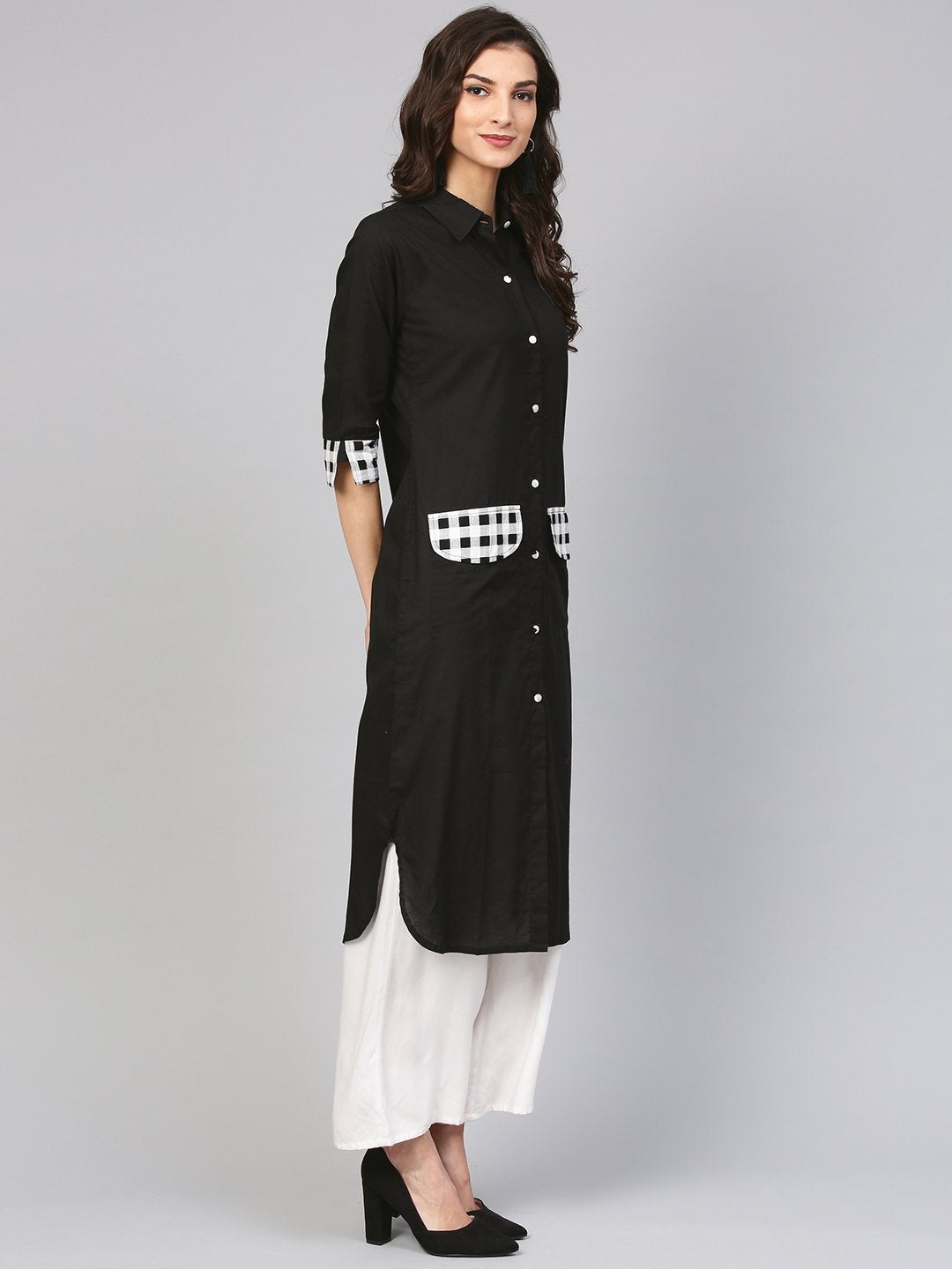 Solid Black Kurta With Printed Detailed Sleeves & Shirt Collars | LASVINI - Redefining Indian Fashion with Elegance
