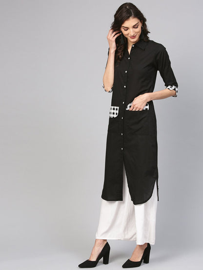 Solid Black Kurta With Printed Detailed Sleeves & Shirt Collars | LASVINI - Redefining Indian Fashion with Elegance