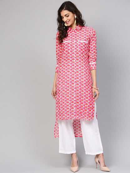 Leaf Printed Pink 3/4Th Sleeve Kurta Set With White Palazo | LASVINI - Redefining Indian Fashion with Elegance
