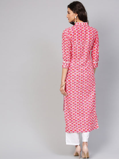 Leaf Printed Pink 3/4Th Sleeve Kurta Set With White Palazo | LASVINI - Redefining Indian Fashion with Elegance