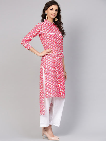 Leaf Printed Pink 3/4Th Sleeve Kurta Set With White Palazo | LASVINI - Redefining Indian Fashion with Elegance