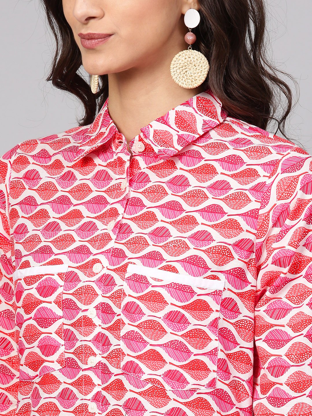 Leaf Printed Pink 3/4Th Sleeve Kurta Set With White Palazo | LASVINI - Redefining Indian Fashion with Elegance