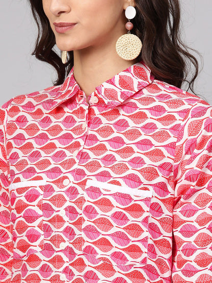Leaf Printed Pink 3/4Th Sleeve Kurta Set With White Palazo | LASVINI - Redefining Indian Fashion with Elegance