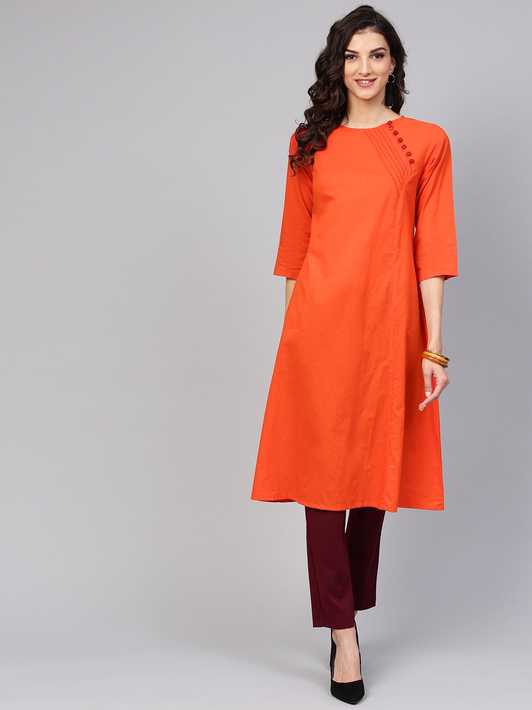 Solid Orange Kurta With Side Placket & 3/4Th Sleeve | LASVINI - Redefining Indian Fashion with Elegance