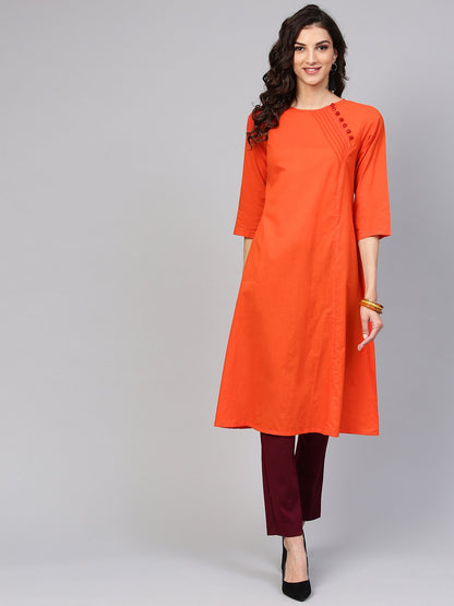 Solid Orange Kurta With Side Placket & 3/4Th Sleeve | LASVINI - Redefining Indian Fashion with Elegance