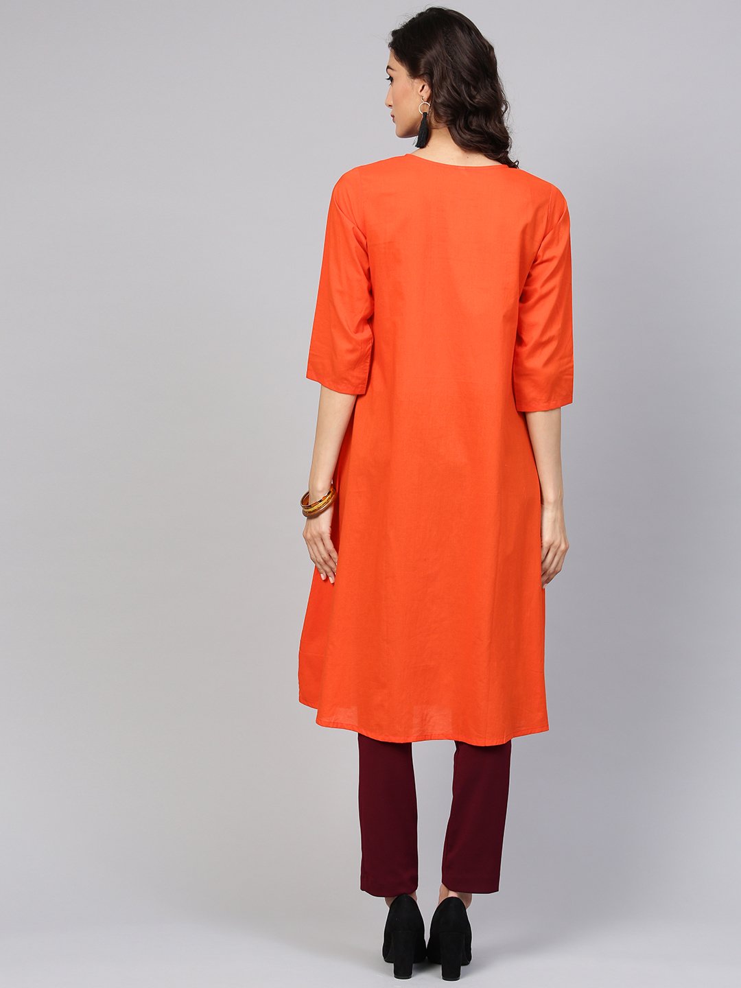 Solid Orange Kurta With Side Placket & 3/4Th Sleeve | LASVINI - Redefining Indian Fashion with Elegance