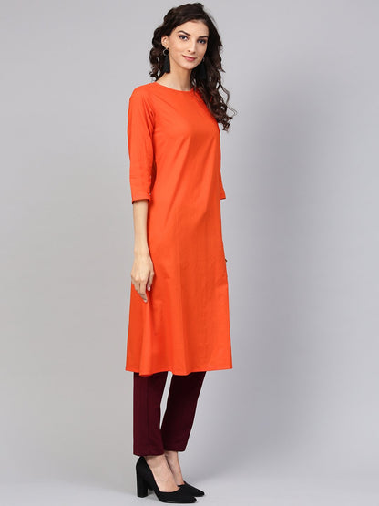Solid Orange Kurta With Side Placket & 3/4Th Sleeve | LASVINI - Redefining Indian Fashion with Elegance