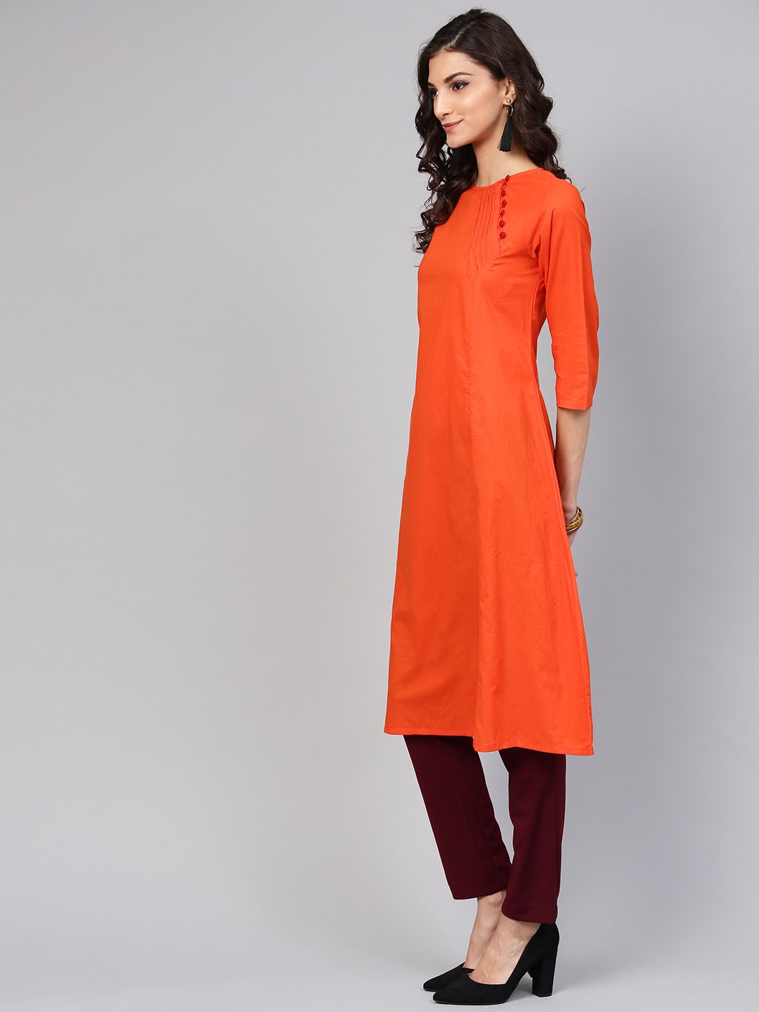 Solid Orange Kurta With Side Placket & 3/4Th Sleeve | LASVINI - Redefining Indian Fashion with Elegance