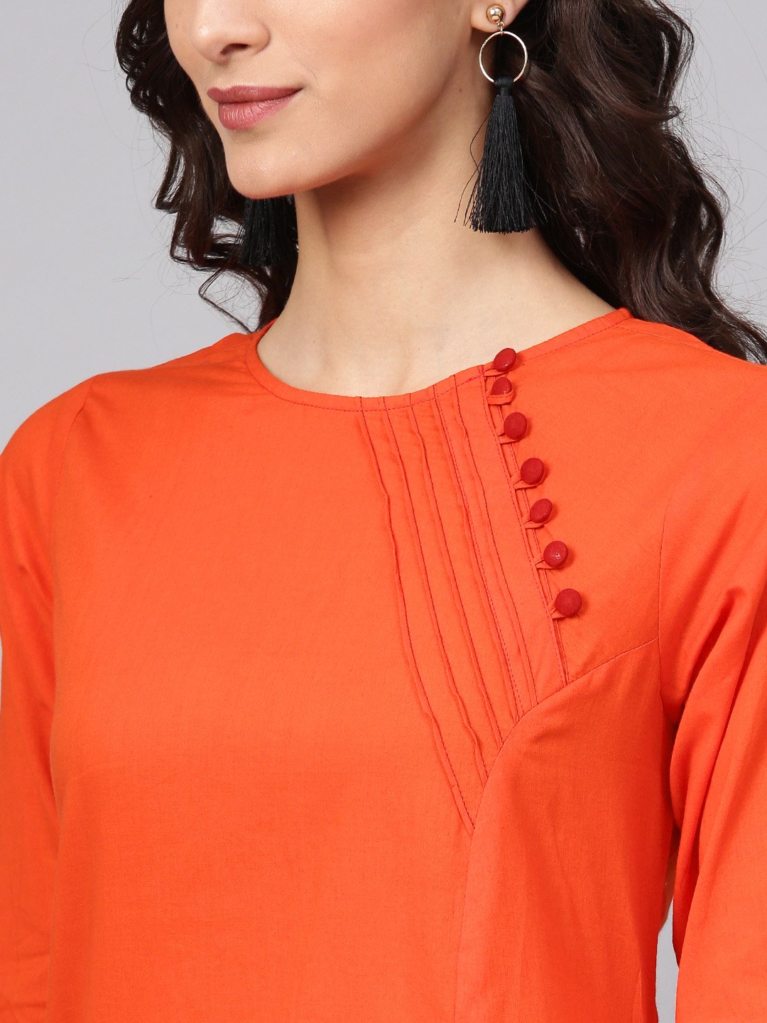 Solid Orange Kurta With Side Placket & 3/4Th Sleeve | LASVINI - Redefining Indian Fashion with Elegance