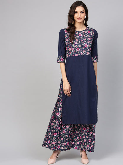 Navy Blue Floral Printed Kurta Set With Ankle Length Printed Sharara | LASVINI - Redefining Indian Fashion with Elegance