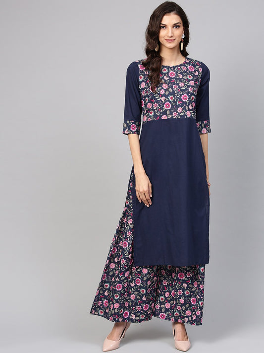 Navy Blue Floral Printed Kurta Set With Ankle Length Printed Sharara | LASVINI - Redefining Indian Fashion with Elegance