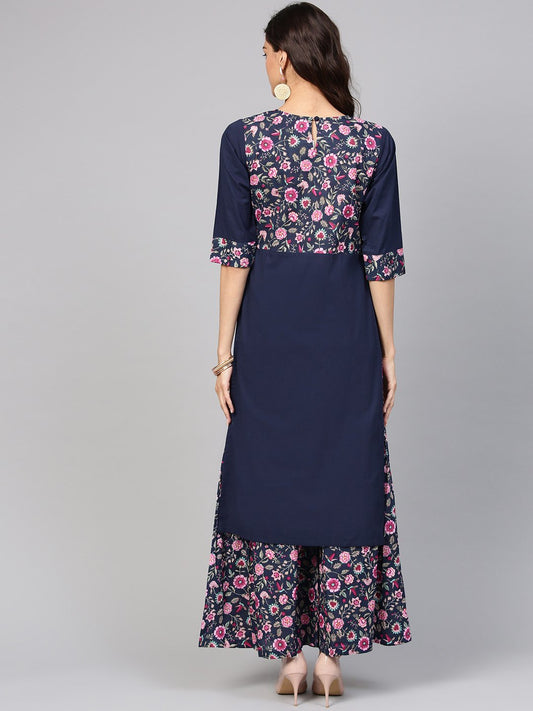 Navy Blue Floral Printed Kurta Set With Ankle Length Printed Sharara | LASVINI - Redefining Indian Fashion with Elegance