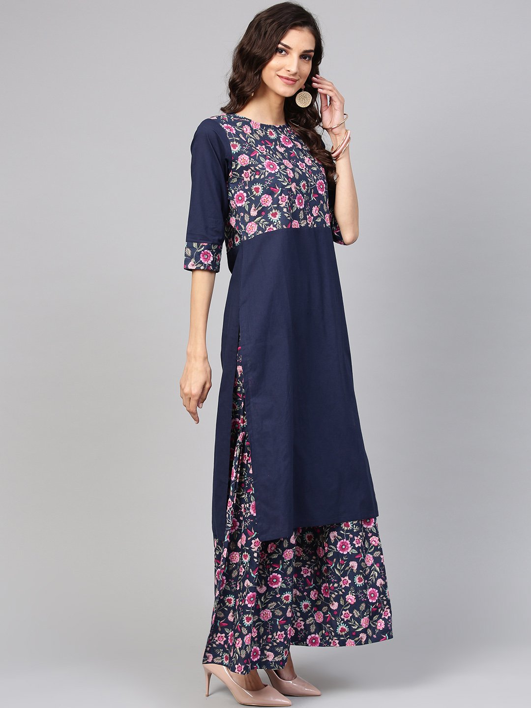 Navy Blue Floral Printed Kurta Set With Ankle Length Printed Sharara | LASVINI - Redefining Indian Fashion with Elegance