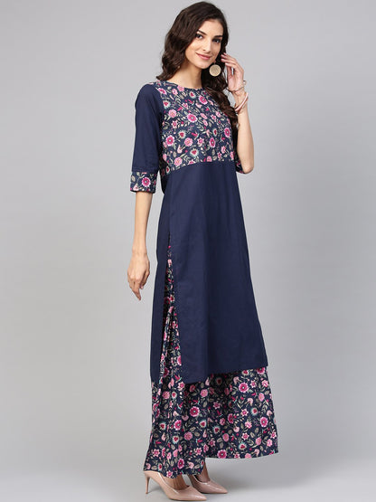 Navy Blue Floral Printed Kurta Set With Ankle Length Printed Sharara | LASVINI - Redefining Indian Fashion with Elegance