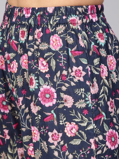 Navy Blue Floral Printed Kurta Set With Ankle Length Printed Sharara | LASVINI - Redefining Indian Fashion with Elegance
