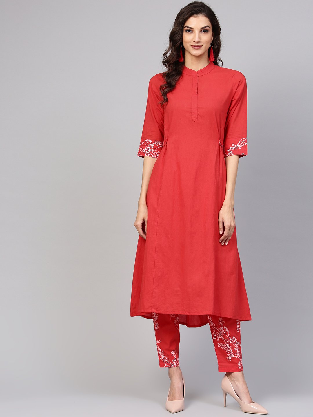 Solid Red Kurta With Detailed Printed Sleeves & Pants | LASVINI - Redefining Indian Fashion with Elegance
