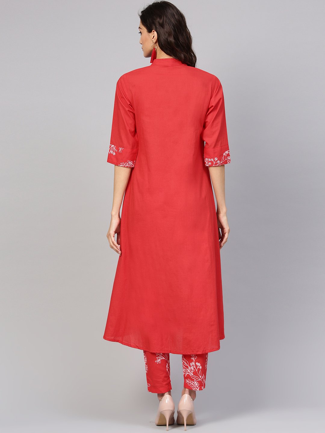 Solid Red Kurta With Detailed Printed Sleeves & Pants | LASVINI - Redefining Indian Fashion with Elegance