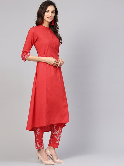 Solid Red Kurta With Detailed Printed Sleeves & Pants | LASVINI - Redefining Indian Fashion with Elegance