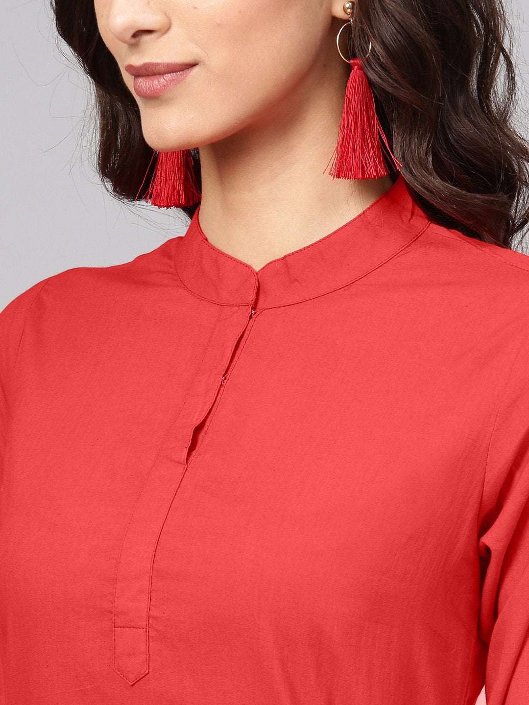 Solid Red Kurta With Detailed Printed Sleeves & Pants | LASVINI - Redefining Indian Fashion with Elegance