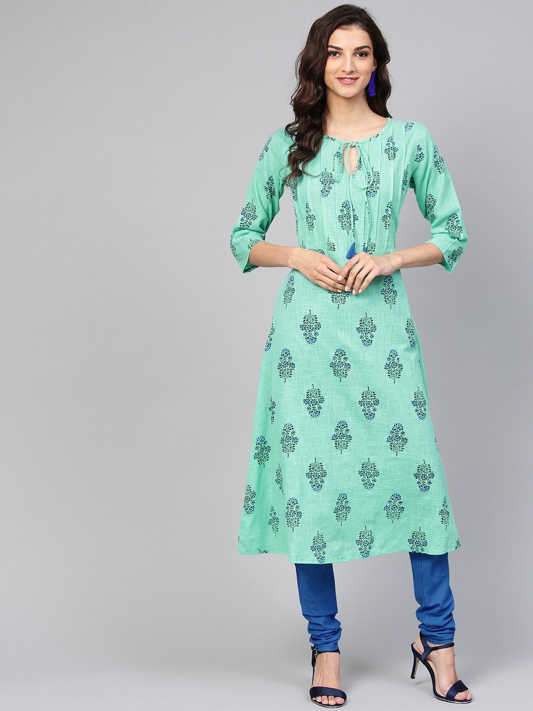 Sea Green Printed Kurta Set  With Solid Chudidar | LASVINI - Redefining Indian Fashion with Elegance