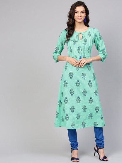 Sea Green Printed Kurta Set  With Solid Chudidar | LASVINI - Redefining Indian Fashion with Elegance