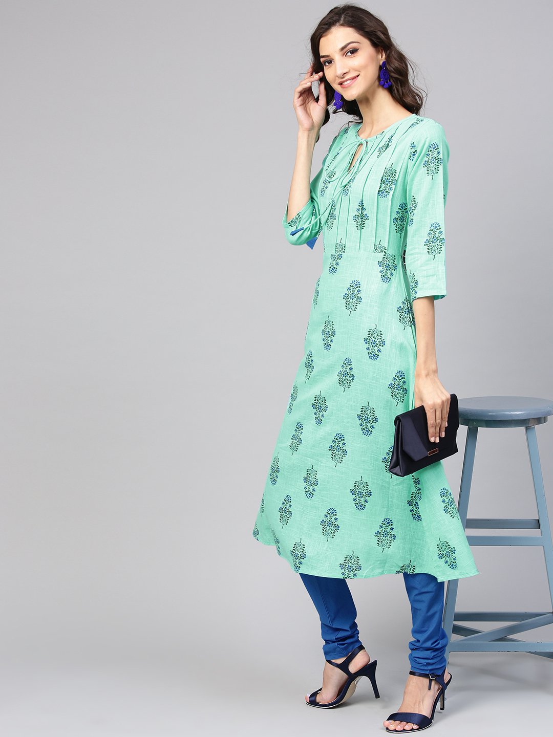 Sea Green Printed Kurta Set  With Solid Chudidar | LASVINI - Redefining Indian Fashion with Elegance