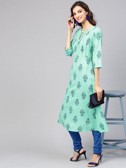 Sea Green Printed Kurta Set  With Solid Chudidar | LASVINI - Redefining Indian Fashion with Elegance