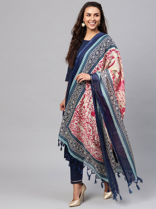Solid Navy Blue Kurta Set With Pants & Printed Dupatta | LASVINI - Redefining Indian Fashion with Elegance
