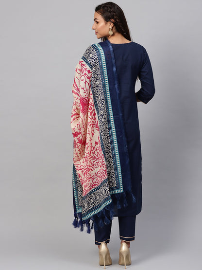 Solid Navy Blue Kurta Set With Pants & Printed Dupatta | LASVINI - Redefining Indian Fashion with Elegance