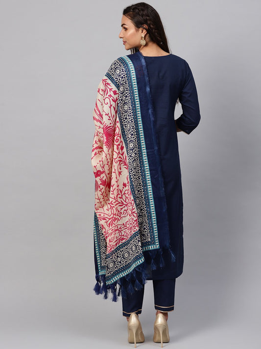 Solid Navy Blue Kurta Set With Pants & Printed Dupatta | LASVINI - Redefining Indian Fashion with Elegance