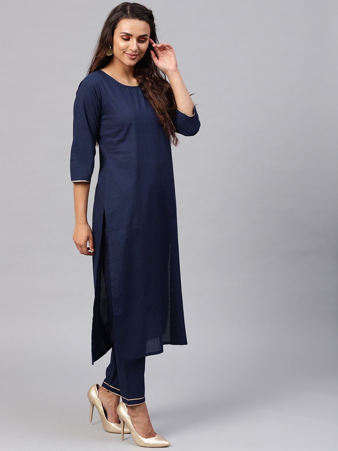 Solid Navy Blue Kurta Set With Pants & Printed Dupatta | LASVINI - Redefining Indian Fashion with Elegance