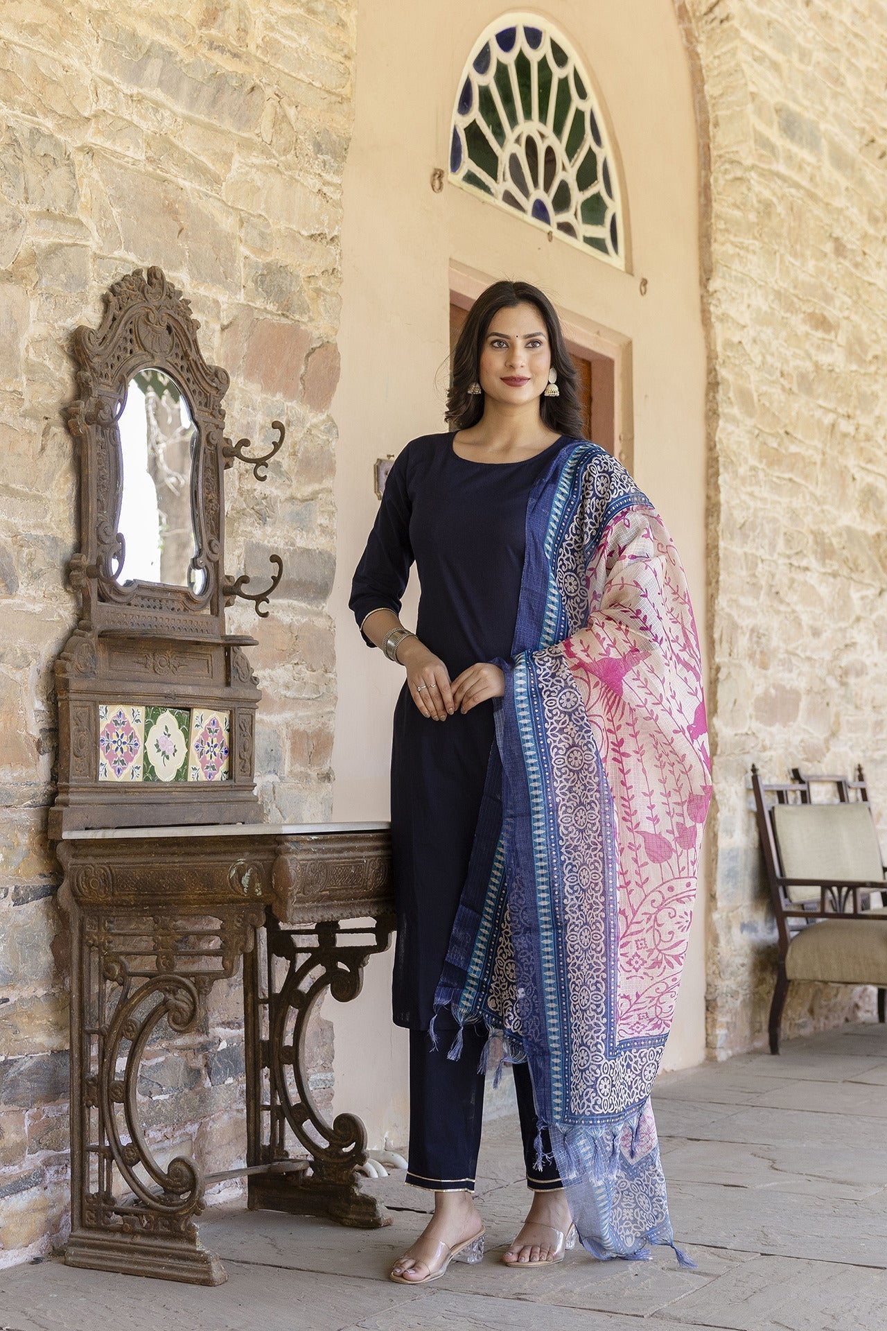Women Navy Blue Kurta Set With Pants & Printed Dupatta | LASVINI - Redefining Indian Fashion with Elegance