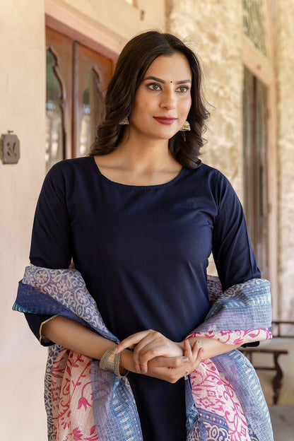 Women Navy Blue Kurta Set With Pants & Printed Dupatta | LASVINI - Redefining Indian Fashion with Elegance