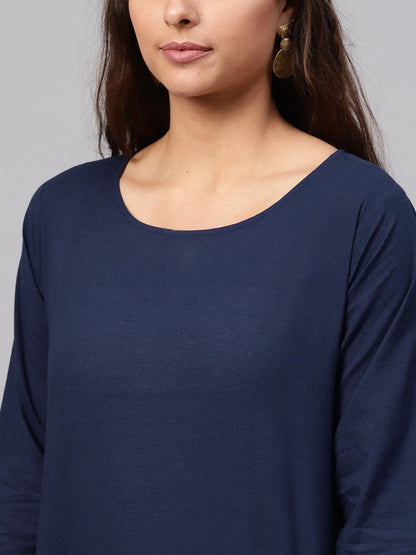 Solid Navy Blue Kurta Set With Pants & Printed Dupatta | LASVINI - Redefining Indian Fashion with Elegance
